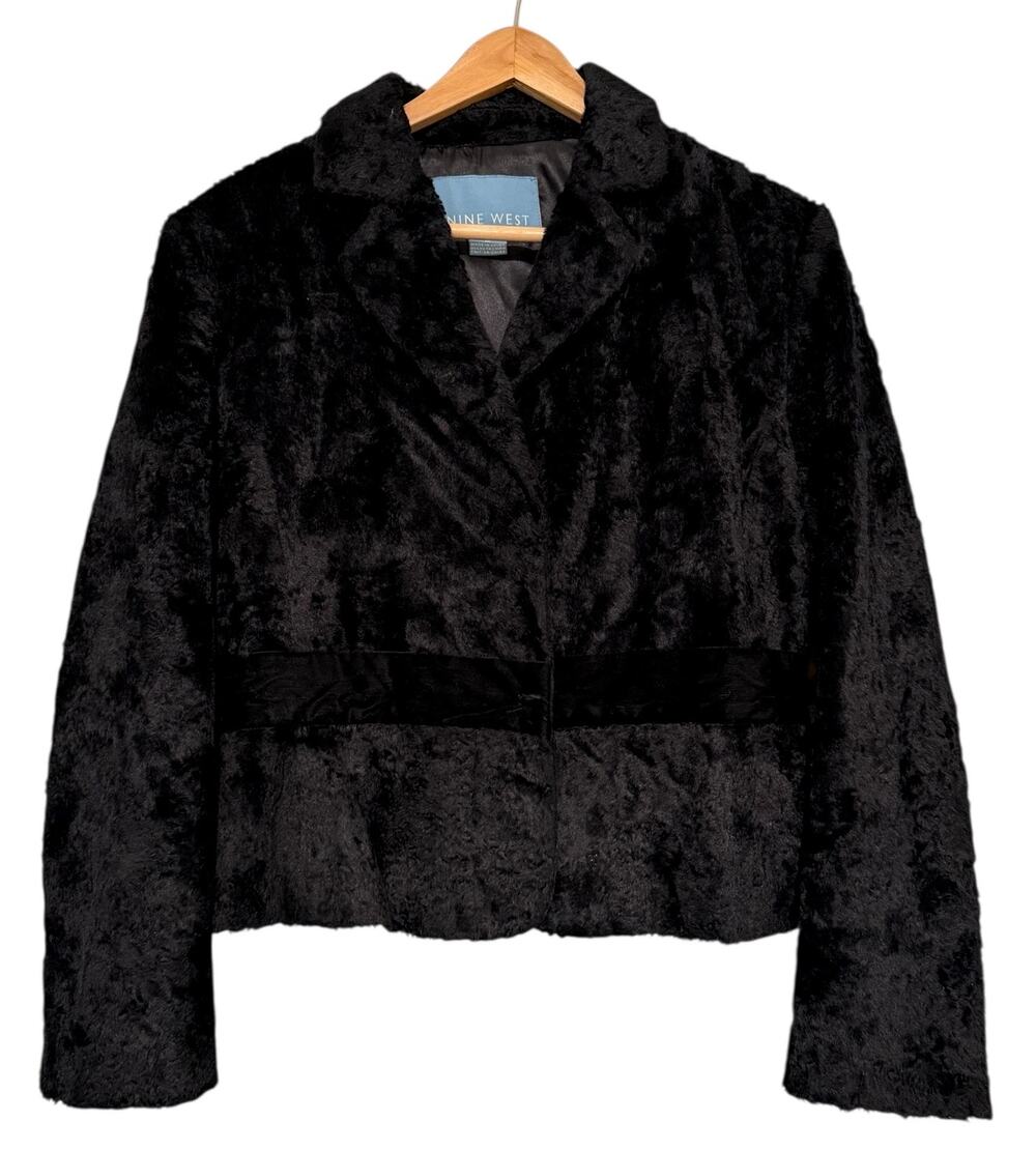 Nine West Black Furry Velvet Sherling Short Jacket Velvet Trim Sz M Classy Lined